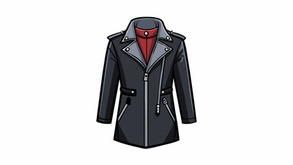 Poster - A sleek black leather coat tailored to perfection with a pointed collar and asymmetrical zipper closure. The coat has a slim fit and hits just above. Cartoon Vector
