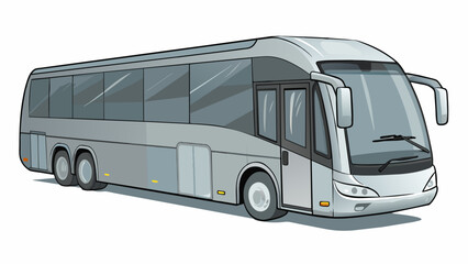 Poster - A sleek and modern bus with a curved design and metallic silver exterior equipped with amenities such as reclining seats charging ports and a small. Cartoon Vector