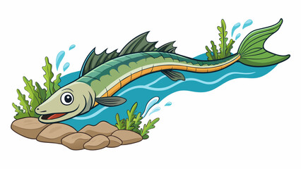 Canvas Print - A sleek fastswimming fish with sharp pointed teeth and an elongated body skillfully weaving between rocks and plants in a swift river.. Cartoon Vector