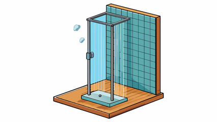 Poster - A sleek modern shower with glass walls and a clear door. The shower head is squareshaped and emits a strong cascading stream of water. The floor is. Cartoon Vector