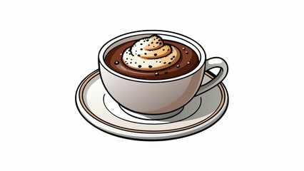 Poster - A shot of a black espresso served in a white ceramic cup on a saucer. The espresso is topped with a creamy layer of foam and garnished with a sprinkle. Cartoon Vector