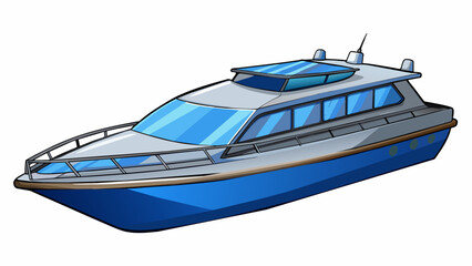 Poster - A sleek modern boat made of stainless steel and painted in shades of blue and silver. Its streamlined shape s effortlessly through the water with. Cartoon Vector