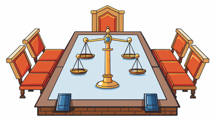 Poster - A small room with a long wooden table and highbacked chairs on either side a gavel resting in the center as a symbol of authority and a set of scales. Cartoon Vector