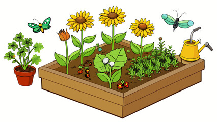 Poster - A small herb garden with raised beds bursting with fragrant basil thyme and rosemary. Sunflowers tower above the beds attracting buzzing bees and. Cartoon Vector