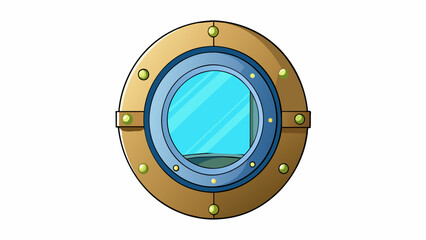 Aufkleber - A small round porthole window on a ships cabin door. Its brass frame is slightly scuffed from the seas salty air and the view through the thick glass. Cartoon Vector