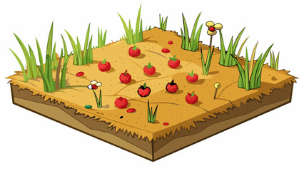Poster - A sp field of dried grass tered with patches of wild strawberries and clovers. The ground is rocky and uneven with a small pond shining in the center. Cartoon Vector