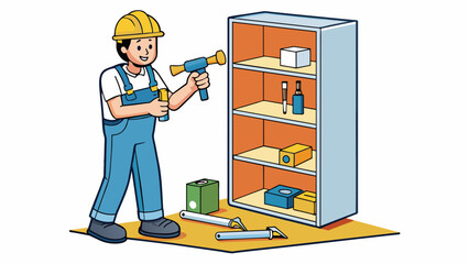 Fototapete - Assembling a Bookshelf Lay out all the pieces of the bookshelf and make sure all the necessary screws and tools are handy. Follow the instruction. Cartoon Vector