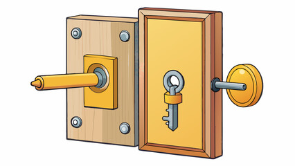 Poster - A squareshaped lock on a door with two keys one for turning left and the other for turning right providing the option for the user to lock or unlock. Cartoon Vector