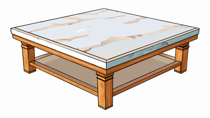 Aufkleber - A square table with a smooth marble top giving it a luxurious and sophisticated appearance. The base is a unique mix of wood and metal with one side. Cartoon Vector
