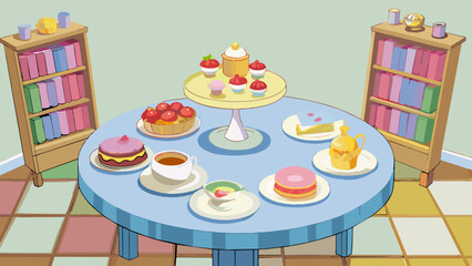 Aufkleber - As soon as you entered the room the sweet smell of freshly baked goods filled the air. In the center there was a round wooden table with a lace. Cartoon Vector