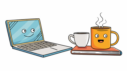 Aufkleber - A steaming cup of tea sat next to the authors laptop indicating their need for caffeine and a calming ritual while writing.. Cartoon Vector