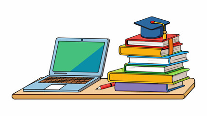 Aufkleber - A stack of textbooks and a laptop on a desk representing a career in academia or research.. Cartoon Vector