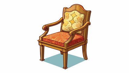 Poster - A sy wooden chair with a curved backrest and worn armrests its seat adorned with a patterned cushion and its legs carved with intricate designs.. Cartoon Vector