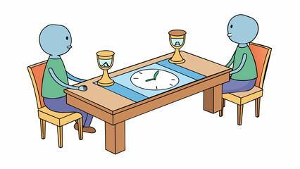 Poster - A table set with two chairs on opposite sides with a timer p in the middle. One person sits with confidence while the other paces back and forth. Cartoon Vector