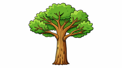 Fototapete - A tall leafy tree with branches stretching towards the sky its trunk covered in rough bark and its leaves rustling in the wind.. Cartoon Vector