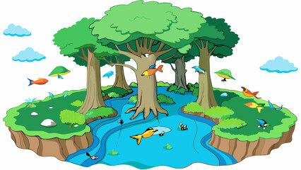 Fototapete - As you wander through the nature reserve your tour guide points out towering trees with gnarled roots shimmering streams filled with colorful fish and. Cartoon Vector