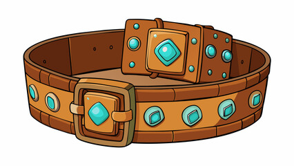 Poster - A thick brown leather belt with multiple holes and a large square buckle adorned with turquoise stones. The leather has a distressed look with natural. Cartoon Vector