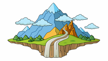Aufkleber - A towering mountain stands tall with its rocky peaks reaching towards the clouds. A winding trail leads up to a secluded waterfall its clear water. Cartoon Vector
