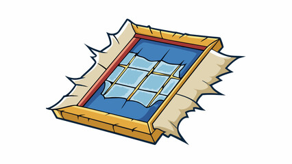 Poster - A torn piece of fabric with frayed edges found near a broken window suggesting that someone may have entered or exited the building forcefully.. Cartoon Vector