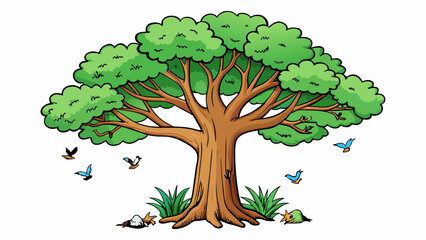 Fototapete - A towering tree with its branches extending in all directions welcoming birds providing shade and nourishing the surrounding soil. Its trunk is. Cartoon Vector