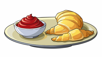 Poster - A traditional French breakfast of flaky croissants creamy butter and sweet strawberry jam. The croissants are buttery and crisp on the outside with. Cartoon Vector