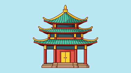 Poster - A traditional pagoda stands tall against the eastern sky its curved roof and intricate details catching the morning light in a majestic display.. Cartoon Vector