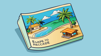 Poster - A travel agencys brochure showcases a stunning photograph of a beach paradise accompanied by the copy Escape to paradise and unwind on the soft white. Cartoon Vector