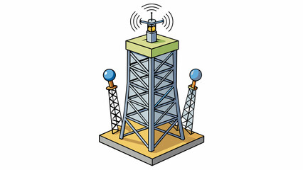 Fototapete - A towering structure tall and imposing covered in metallic cylinders and antennas transmitting and receiving radio signals for miles and miles around.. Cartoon Vector