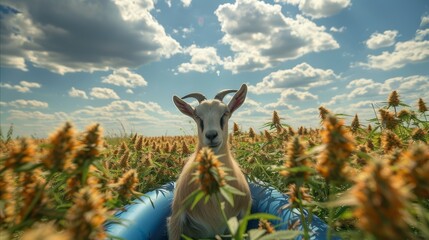 Beautiful fluffy soft clouds in a bright blue sky above distant cannabis field, vibrant colors with goat eating cannabis plant. Generative AI.