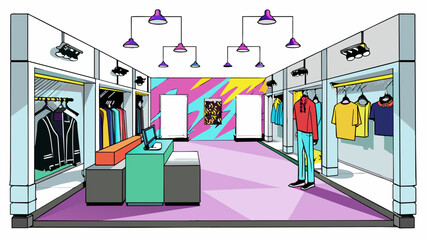 Poster - A trendy fashion company known for its streetwear designs. The flagship store is a multilevel space with graffitiadorned walls and steel racks full of. Cartoon Vector