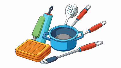 Aufkleber - A versatile kitchen tool set with nonstick coating and heatresistant handles making cooking and cleaning up a breeze while also ensuring safety.. Cartoon Vector