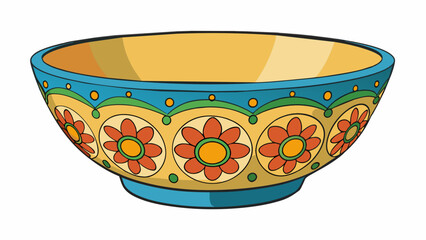 Aufkleber - A vibrant handpainted bowl adorned with colorful flowers and intricate patterns. Its shape is traditional with a deep interior and a flared round rim.. Cartoon Vector