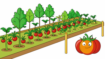 Poster - A vegetable garden filled with rows of tall tomato plants their vibrant red fruits glistening in the sun. Leafy green lettuce and crisp cucumbers grow. Cartoon Vector
