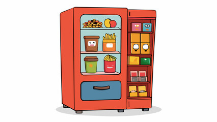 Poster - A vending machine with a wide selection of snacks including chips candy and granola bars. Each item has a picture price and nutritional information. Cartoon Vector
