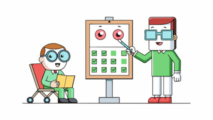 Fototapete - A vision test A series of letters of varying sizes are displayed on a chart with the smallest letters at the bottom. The tester asks the participant. Cartoon Vector