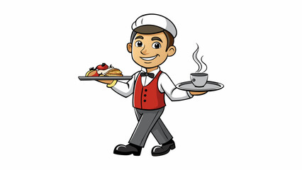 Poster - A waiter carefully carrying a tray of steaming hot plates to a table in a busy restaurant. The tray is made of lightweight but durable metal with. Cartoon Vector