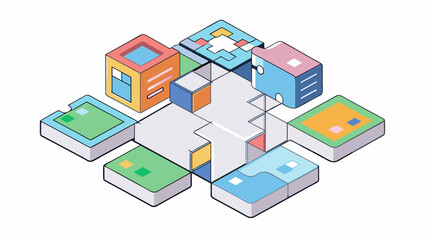 Fototapete - A web is like a complex puzzle consisting of various pieces that fit together to create a coherent and functioning whole. It is designed with coding. Cartoon Vector