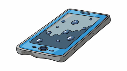 Poster - A waterlogged phone The screen is dark and unresponsive with visible water droplets resting on its surface. The once sleek and shiny exterior is now. Cartoon Vector