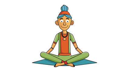 Poster - A yogi sits in a crosslegged position their spine elongated and their body relaxed. They find inner balance by focusing on their breath and finding. Cartoon Vector