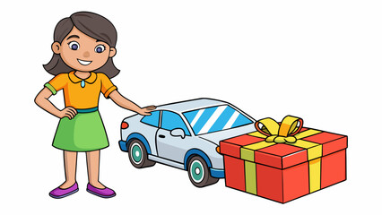 Aufkleber - A young girl eagerly opens a brightly colored gift box revealing a shiny white toy car with spinning wheels and functioning doors.. Cartoon Vector