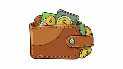 Poster - A worn and wellloved wallet filled with a jumbled mix of loose coins and cled bills. The wallet itself is made of soft flexible leather with smooth. Cartoon Vector