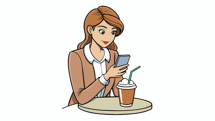 Poster - A young woman sits at a caf  sipping on a latte while scrolling through her phone. She has a determined look on her face her brows furrowed in. Cartoon Vector