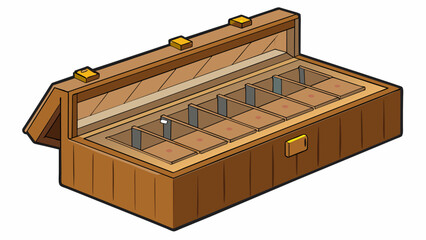 Poster - Case 1 A rectangular case made of light brown wood with a hinged lid and a small handle on top. Inside the case there are multiple compartments and. Cartoon Vector