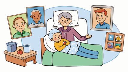 Poster - Caring for a loved one who is sick includes making sure they take their medication on time and providing them with comfort and support. The person is. Cartoon Vector