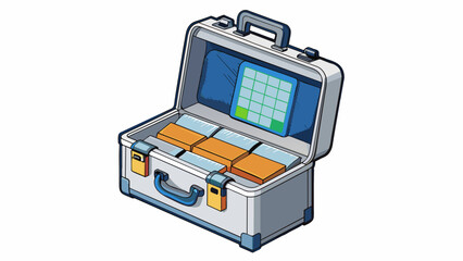 Poster - Case 4 An aluminum briefcase with a combination lock on the front. The interior has a padded compartment to hold a laptop as well as pockets and. Cartoon Vector