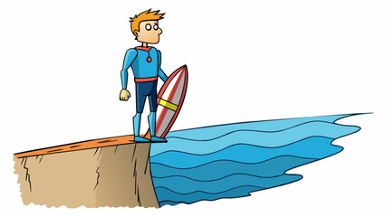 Poster - Example 5 A man stands at the edge of a cliff the wind blowing through his hair as he looks out at the vast ocean below. He wears a wetsuit and holds. Cartoon Vector