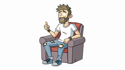 Poster - Example 2 A man sits in a comfortable armchair his face scruffy with stubble and his hair messy. He wears a faded band tshirt and ripped jeans giving. Cartoon Vector