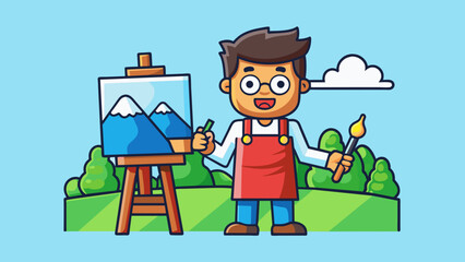 Canvas Print - Example 4 A man stands in front of a canvas paintbrush in hand. His hair is messy and splattered with paint and his hands are covered in colors. He. Cartoon Vector