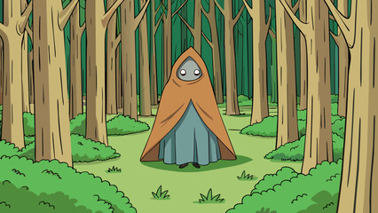 Poster - Figure walking through a forest A figure moves through a dense forest bathed in dappled sunlight. They are enveloped in a cloak with only their hands. Cartoon Vector