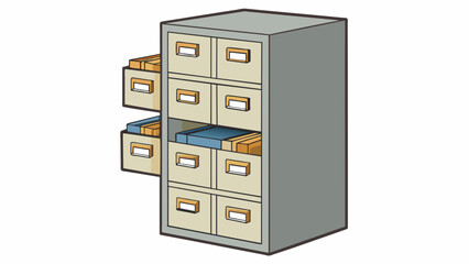 Aufkleber - file could be a metal cabinet with multiple drawers standing tall and painted in a neutral color. Each drawer is labeled with a number and inside are. Cartoon Vector